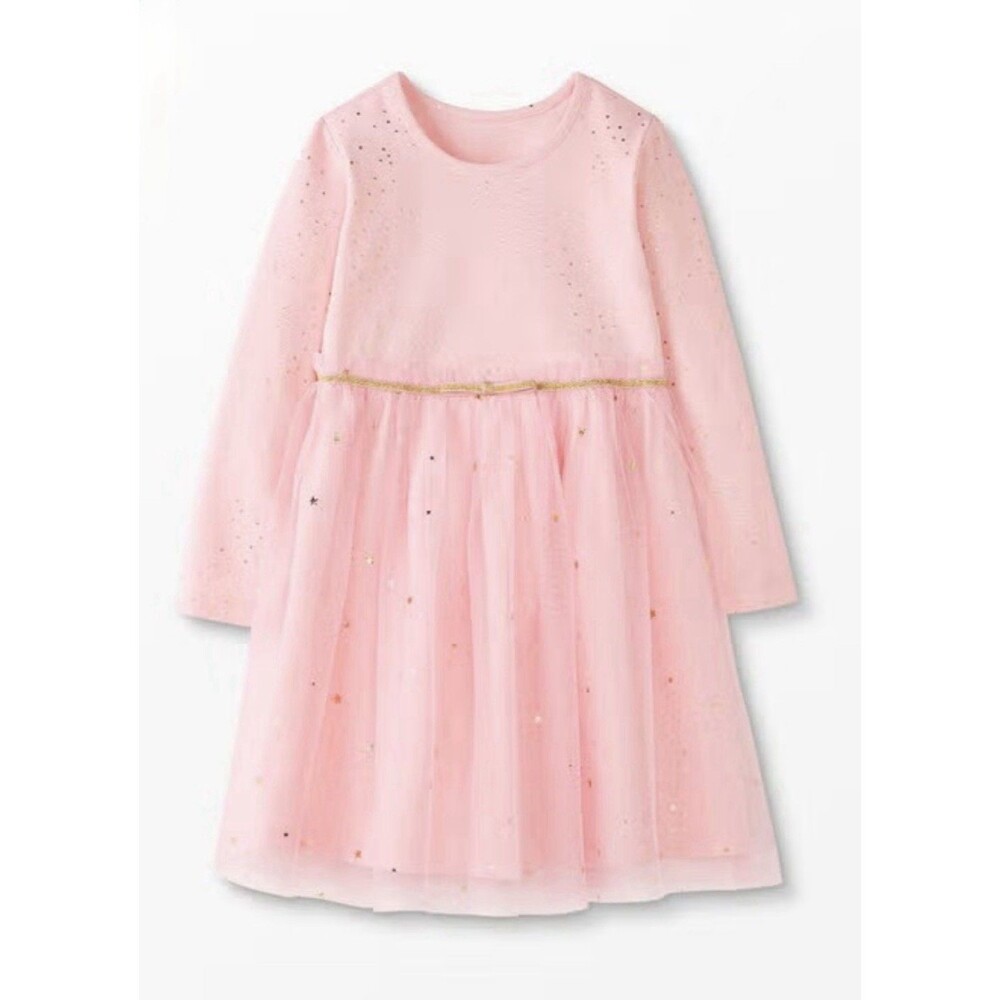Hanna Andersson Pink Shimmer Star Tulle Dress Gold Long Sleeve Sz US 5, 110 CM